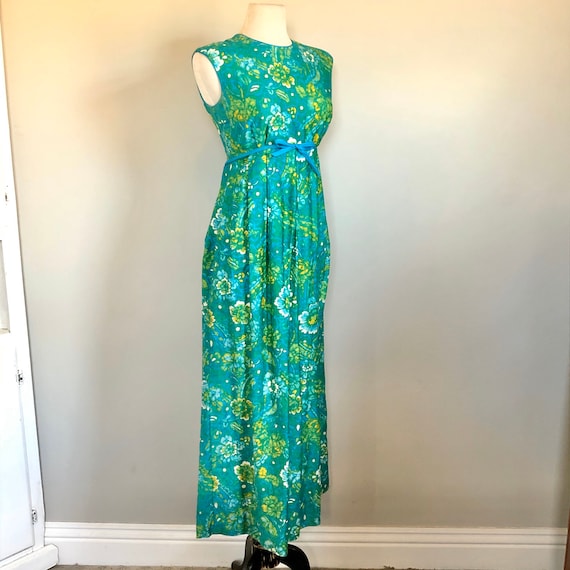 Vintage 60’s Aqua Floral Tiki Hawaiian Maxi dress… - image 3