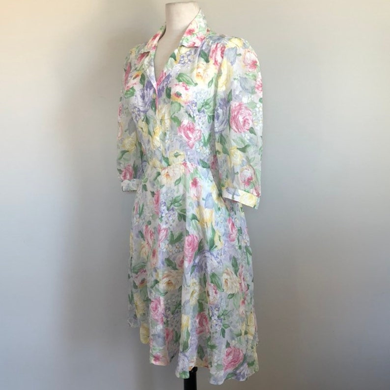 Vintage 80's Does 40's Floral Semi Sheer Summer Day Dress Sz 32 W image 4