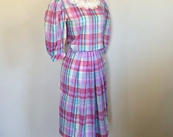 1980’s Vintage Rainbow Plaid lace trim Day Dress Sz 32" W