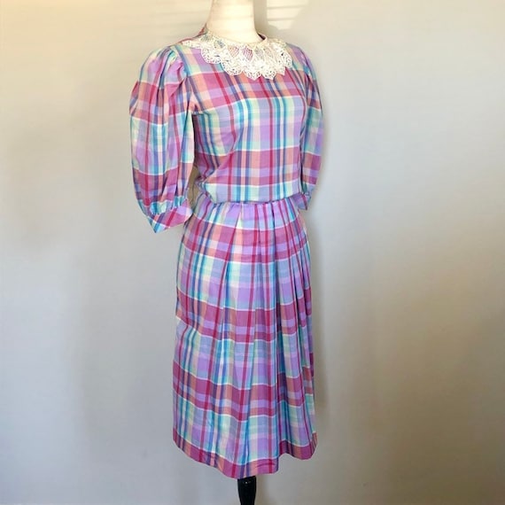 Vintage 80's Rainbow Plaid lace trim Day Dress Sz