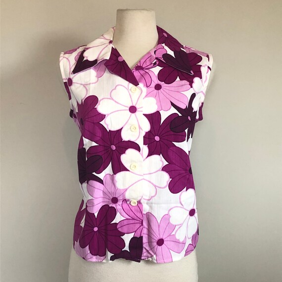 Vintage 60’s 70’s Purple Floral print Hawaiian Bl… - image 7