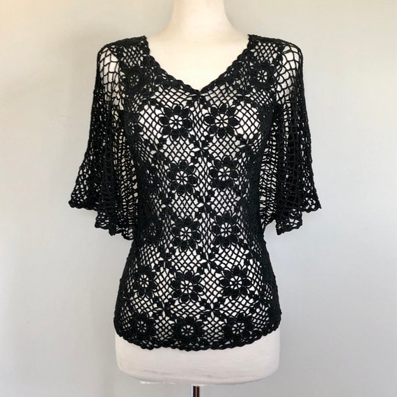 Sexy Vintage 70’s 80’s Black Boho Crochet flutter… - image 6