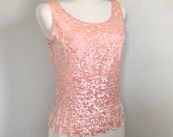 Glamorous Vintage 60’s Baby Pink sequin beaded sweater tank blouse Sz 36-38” B