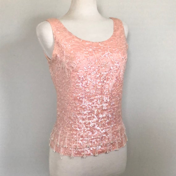 Glamorous Vintage 60’s Baby Pink sequin beaded sw… - image 1