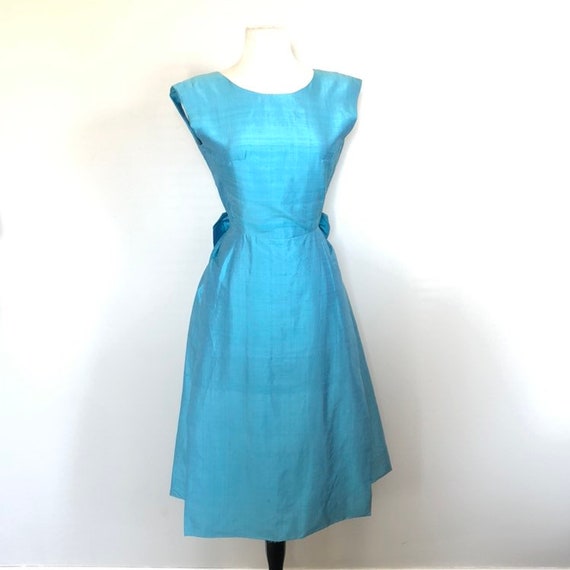 Vintage 60's Corded Silk Turquoise evening Dress … - image 1