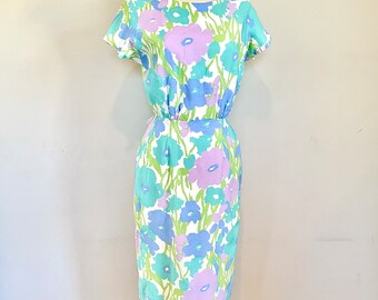 Vintage 60’s pastel watercolor summer florals wiggle dress Sz 27” W