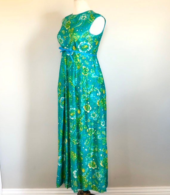Vintage 60’s Aqua Floral Tiki Hawaiian Maxi dress… - image 4