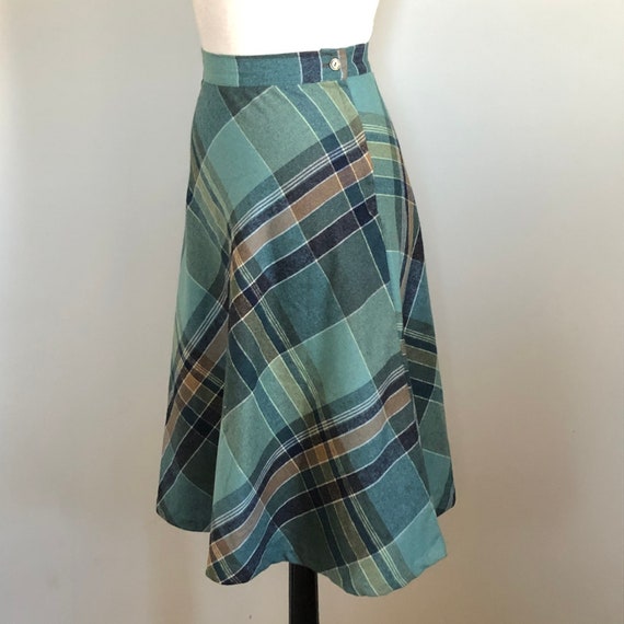 Vintage 70’s 80’s Aqua Wool Plaid A Line Skirt Sz… - image 7