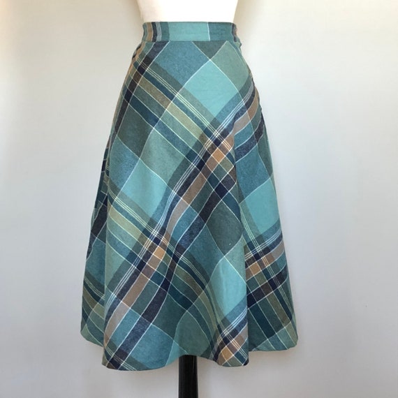 Vintage 70’s 80’s Aqua Wool Plaid A Line Skirt Sz