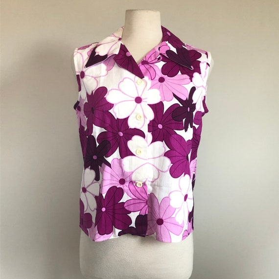 Vintage 60’s 70’s Purple Floral print Hawaiian Bl… - image 8