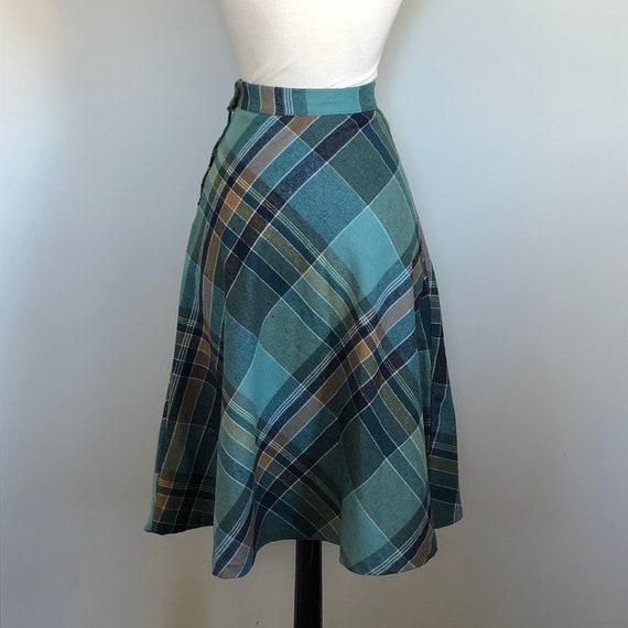 Vintage 70’s 80’s Aqua Wool Plaid A Line Skirt Sz… - image 4