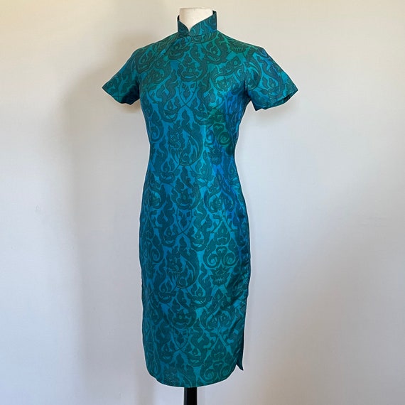 Sexy Vintage 50’s 60’s Cheongsam Aqua silk evenin… - image 3