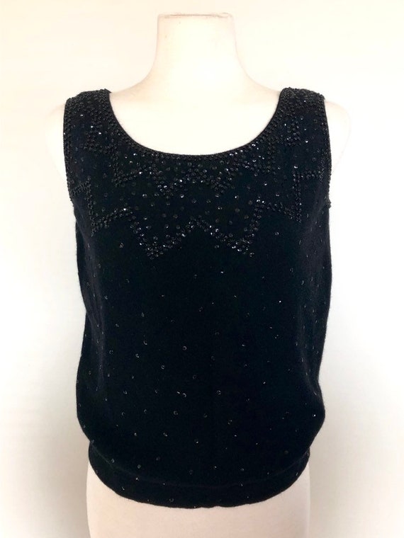 Vintage 50s 60s Beaded Angora Sweater Black Sz 40… - image 5