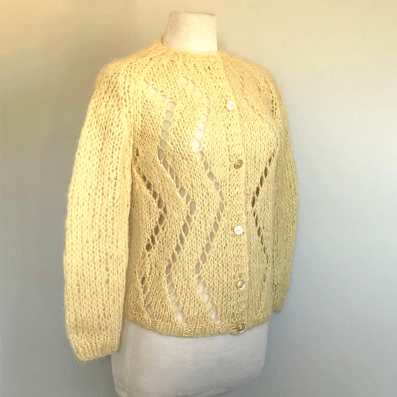 Vintage 1960’s Canary Yellow open weave Cardigan … - image 2