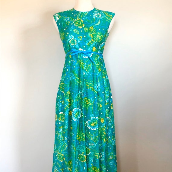 Vintage 60’s Aqua Floral Tiki Hawaiian Maxi dress… - image 2