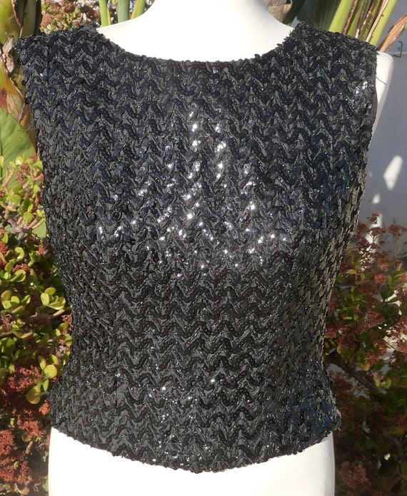 Vintage 50's 60's Sexy black sequin shell top blou