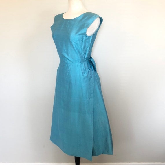 Vintage 60's Corded Silk Turquoise evening Dress … - image 4