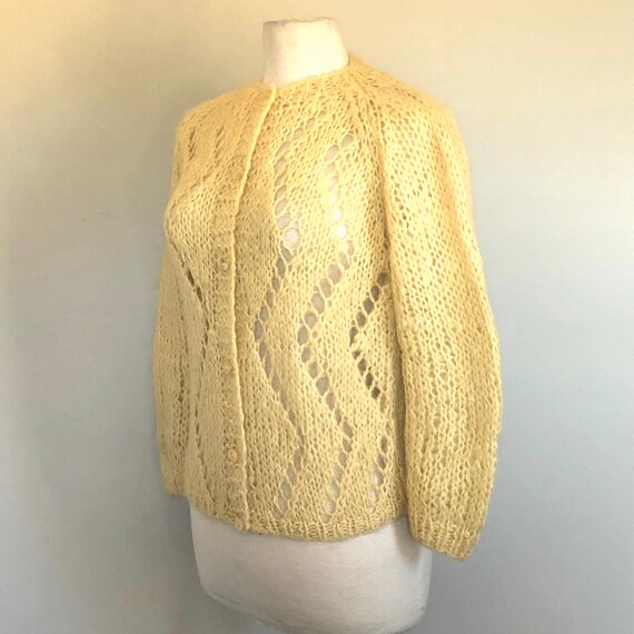 Vintage 1960’s Canary Yellow open weave Cardigan … - image 3