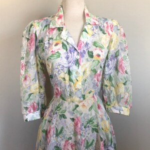 Vintage 80's Does 40's Floral Semi Sheer Summer Day Dress Sz 32 W image 2