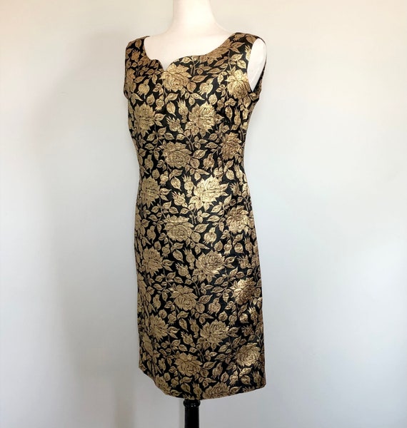 Vintage 60’s Gold Floral Brocade Sexy Wiggle Dres… - image 3