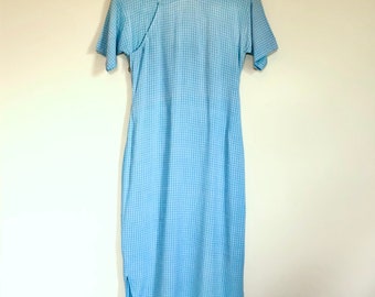 Vintage 1950’s Blue rayon plaid Cheongsam Day Dress Sz 26-28” W