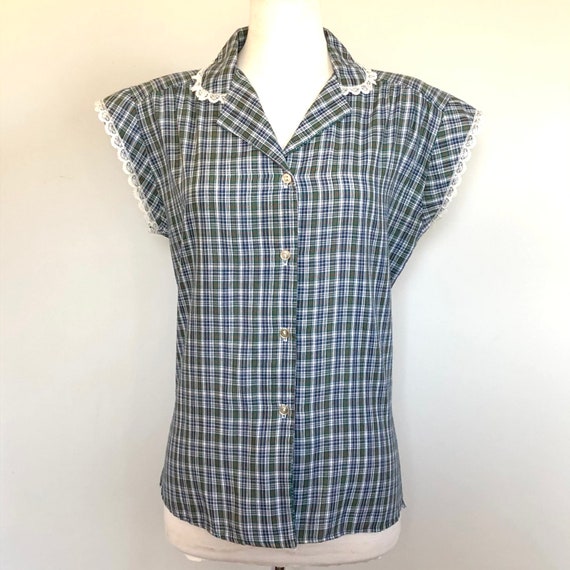 Vintage 60’s lace trim plaid day plus size blouse… - image 8