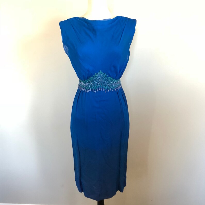 Sexy Vintage Aqua Beaded Chiffon Cocktail Dress Sz 26 W image 3