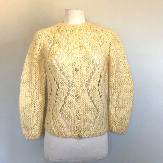 Vintage 1960’s Canary Yellow open weave Cardigan … - image 1