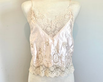 Vintage 80’s Sexy pale pink embroidered lace trim Camisole top Sz 34” B