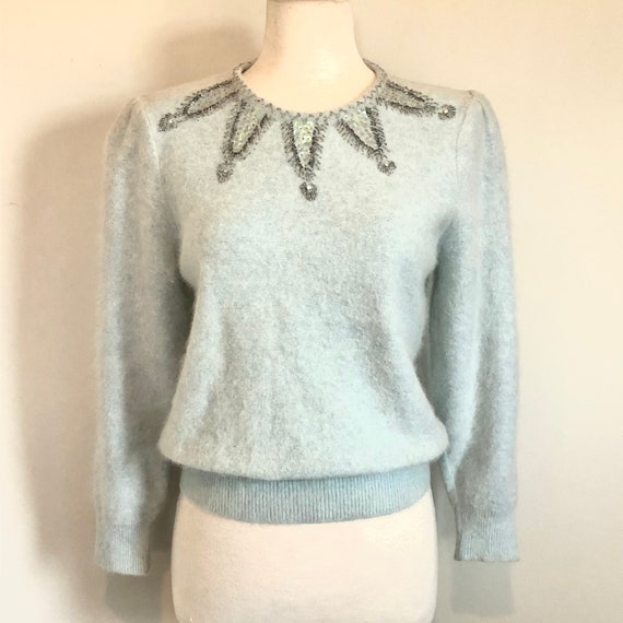Gorgeous Vintage 50’s pale blue beaded sexy angora