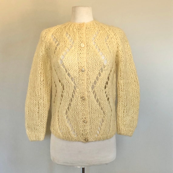 Vintage 1960’s Canary Yellow open weave Cardigan … - image 6