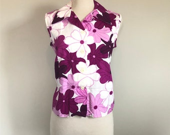 Vintage 60’s 70’s Purple Floral print Hawaiian Blouse Sz 38” bust