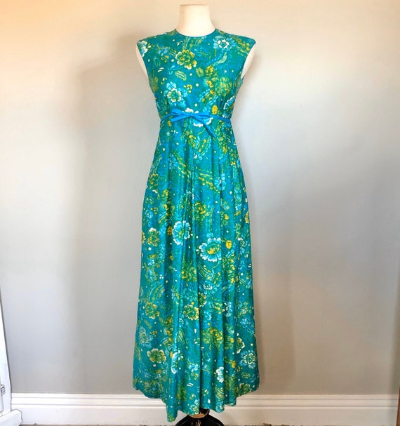 Vintage 60’s Aqua Floral Tiki Hawaiian Maxi dress… - image 1