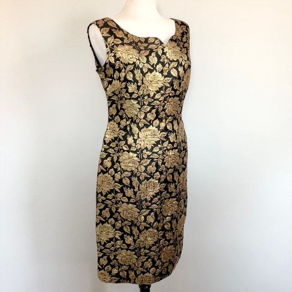 Vintage 60’s Gold Floral Brocade Sexy Wiggle Dres… - image 2