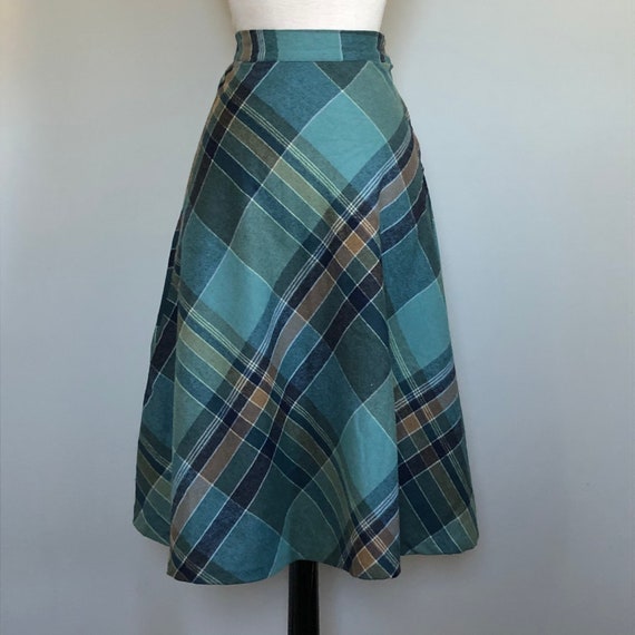 Vintage 70’s 80’s Aqua Wool Plaid A Line Skirt Sz… - image 3