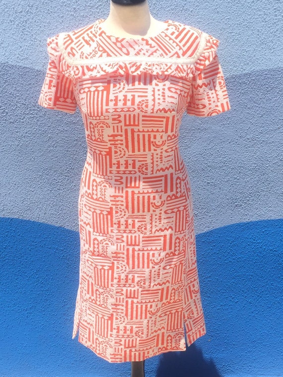 Vintage 60's Aztec tribal ruffle neckline summer … - image 1