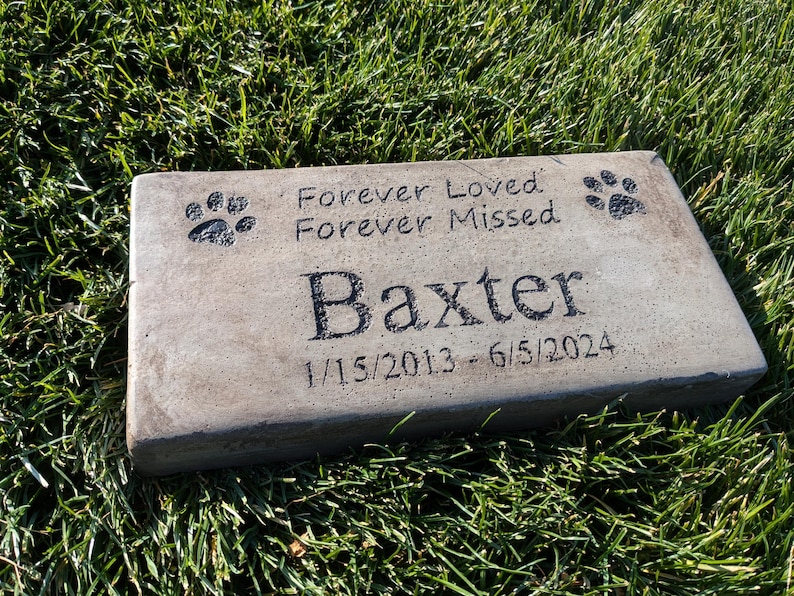 May include: A gray concrete memorial stone with the text "Forever Loved, Forever Missed" and the name "Baxter" with dates "1/15/2013 - 6/5/2024". Two paw prints are engraved on either side of the text.
