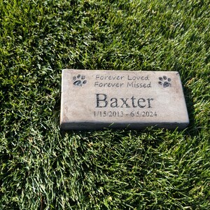 May include: A gray concrete pet memorial stone with paw prints and the inscription "Forever Loved Forever Missed Baxter 1/15/2013 - 6/5/2024"