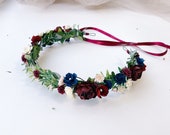 Navy and maroon floral headband, navy blue ivory and burgundy flower crown , navy blue and maroon hair flowers, Burgundy and greenery Fall B