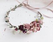 Dusty Rose Burgundy and Ivory Flower Crown. Deep red flower crown. Burgundy flower crown. Dusty Pink headpiece. Wine flower crown. Pink flor