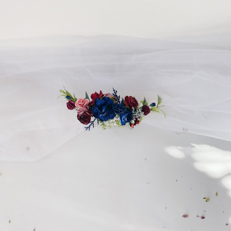 burgundy wedding hair piece navy and burgundy hair comb Navy burgundy hair comb deep red white flower hair navy red hairpiece