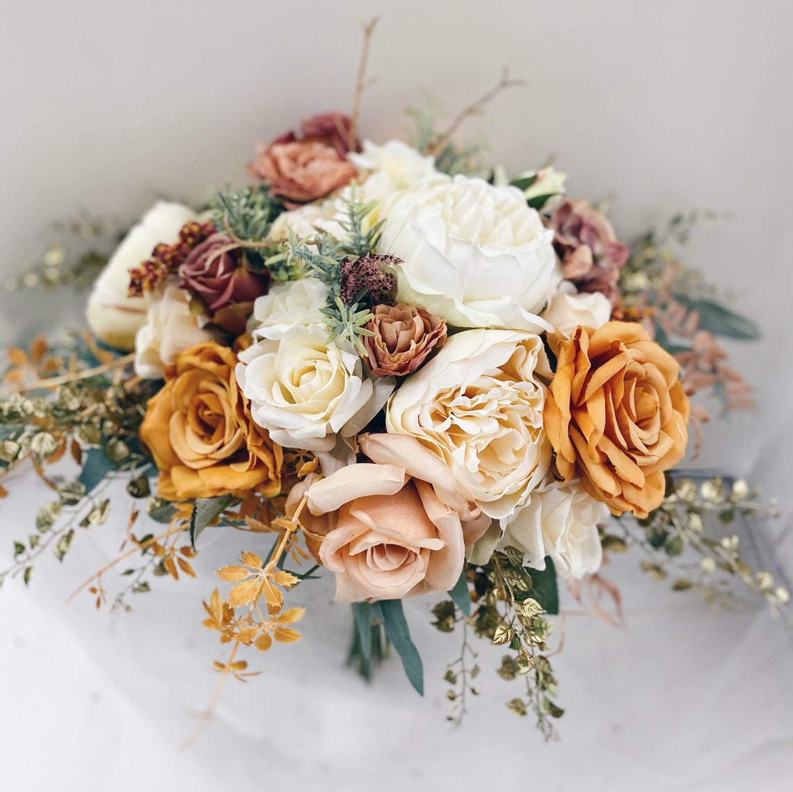 Wedding bouquet rust orange sage green silk roses wedding Etsy