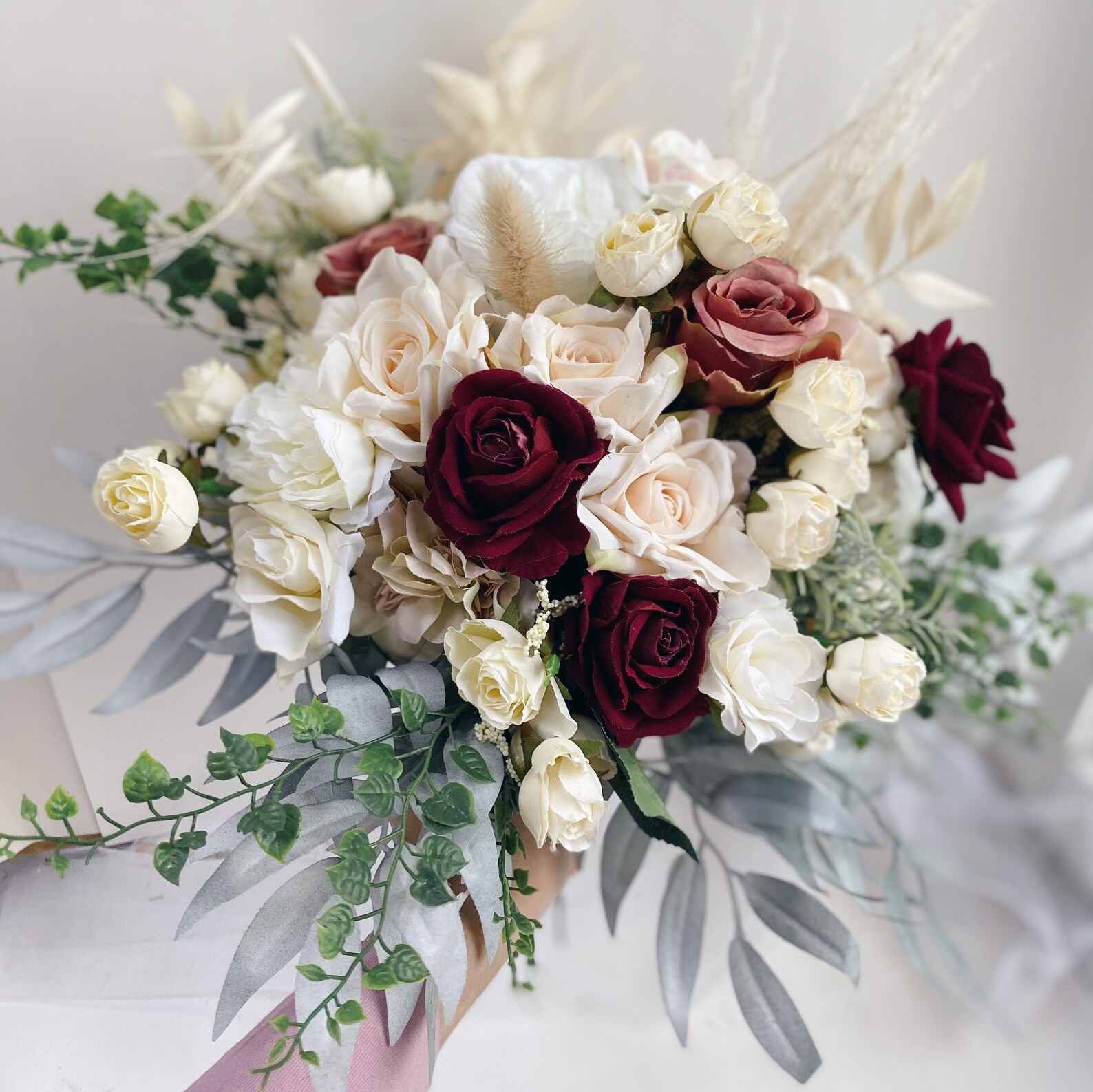 Bridal bouquet pampas grass burgundy boho wedding bouquet Etsy