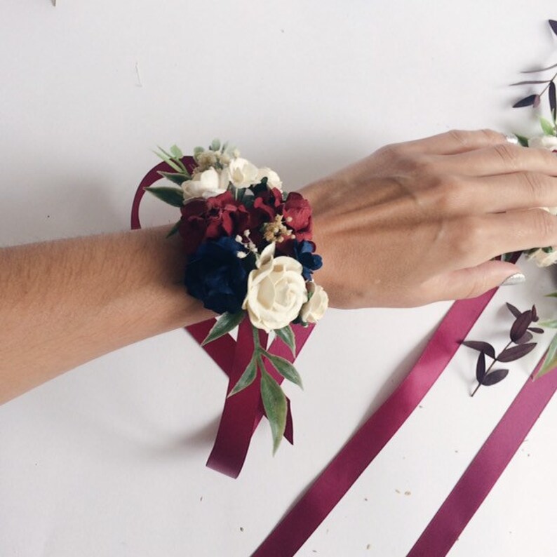 Burgundy ivory and navy flower corsage Floral wrist corsages | Etsy