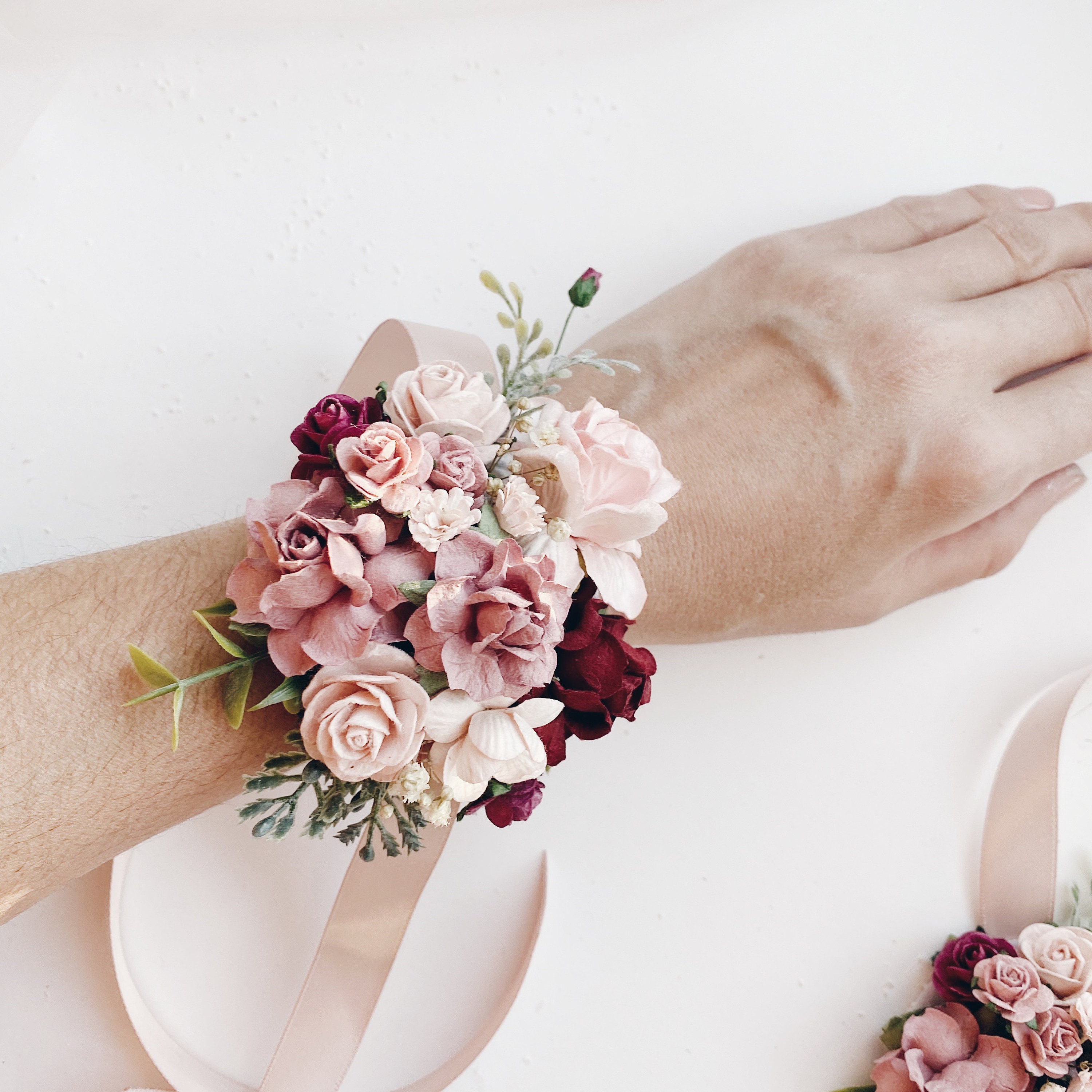 Burgundy and dusty pink flower corsage Floral wrist corsages Etsy