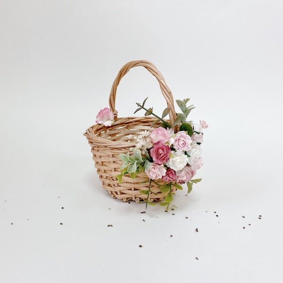 Flower girl basket basket with faux flowers wicker basket | Etsy