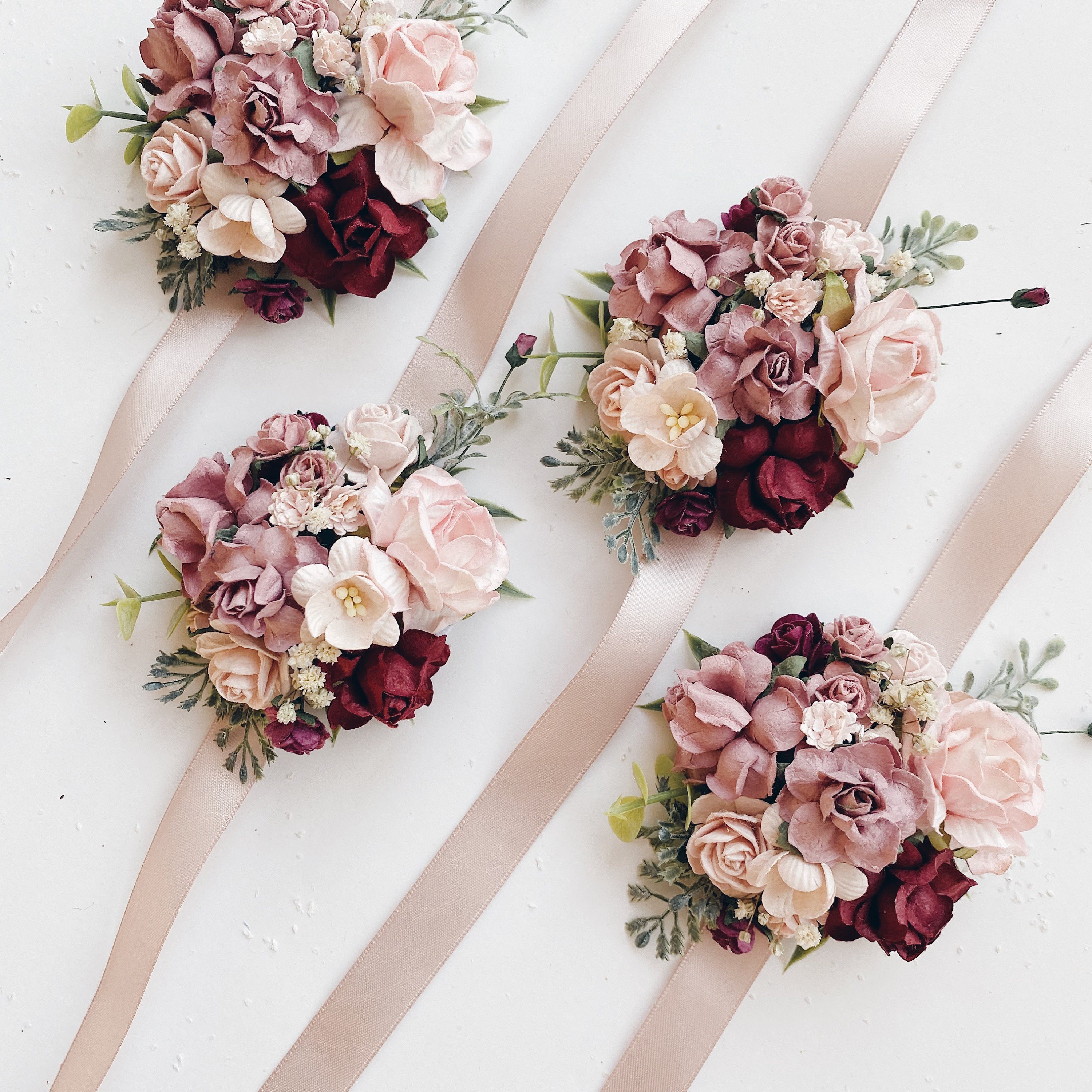 Burgundy and dusty pink flower corsage Floral wrist corsages Etsy