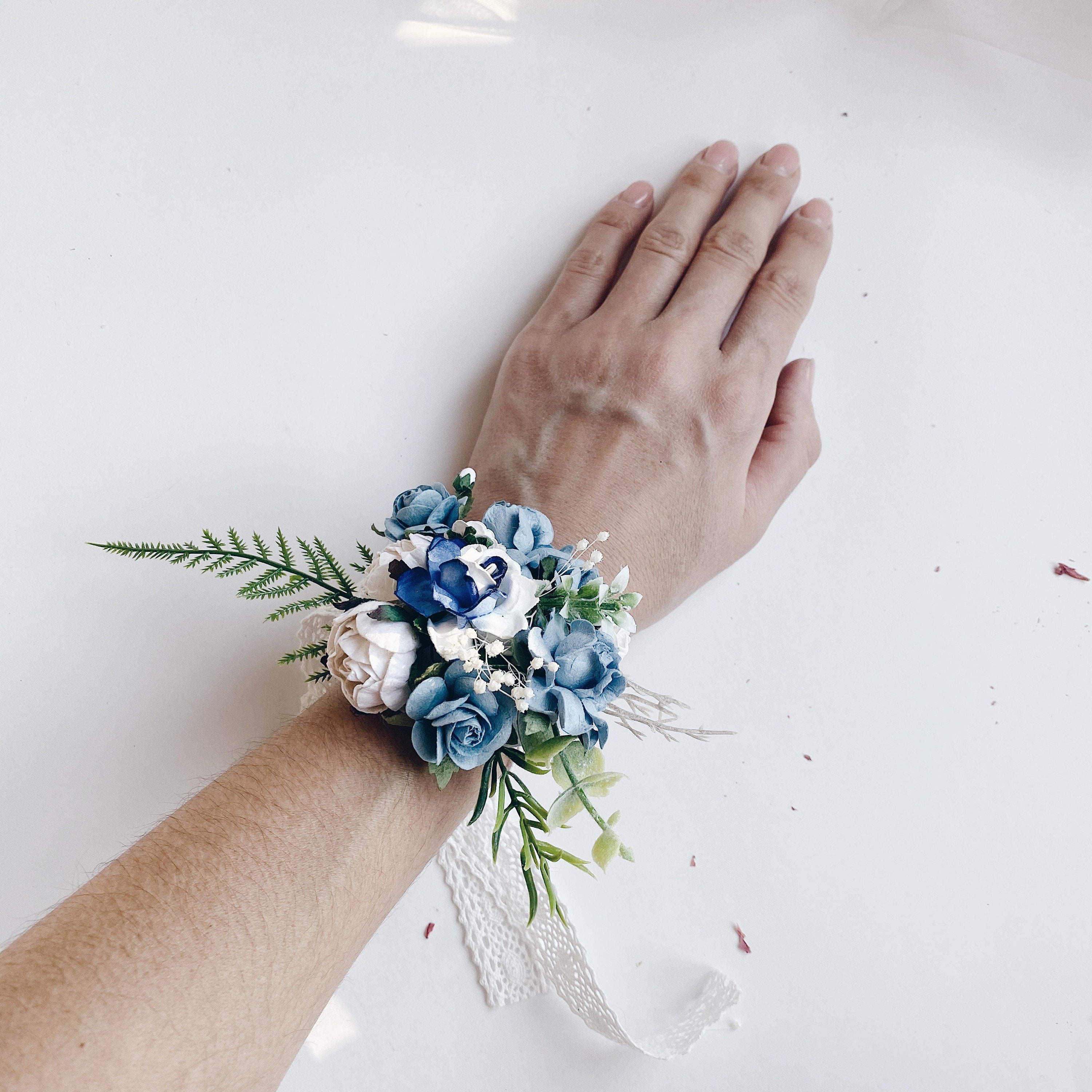 Deep blue wrist corsage Floral wrist corsages Blue wrist Etsy