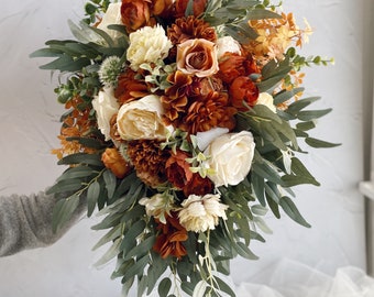 Bridal bouquet cascade  burnt orange ivory, faux wedding bouquet, bridesmaid bouquets, rust bouquets, brown bouquets, orange silk bouquets
