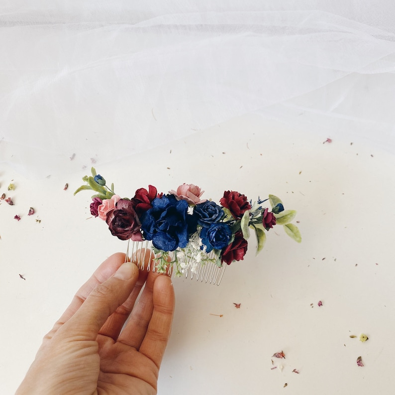 burgundy wedding hair piece navy and burgundy hair comb Navy burgundy hair comb deep red white flower hair navy red hairpiece
